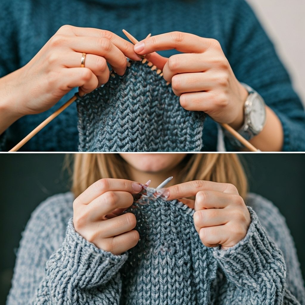 Hands knitting with natural wool yarn